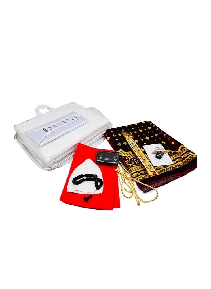 شركة مدثر علي لتجارة الجملة للبضائع ذ.م.م. طقم إحرام كامل للحج والعمرة - إحرام ١٣٠٠ غرام مع حزام، سجادة صلاة، قلنسوة، مسبحة، مسواك، منضدة، وصابون غير معطر | طقم إحرام للحجاج | مستلزمات الحجاج الرجالية - Image 2